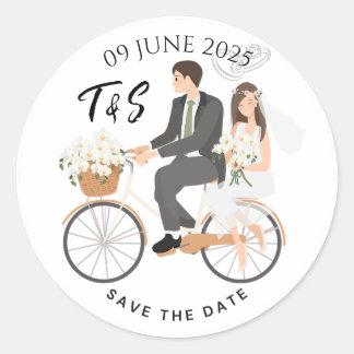"Beige & White Illustrative Save The Date Classic Round Sticker