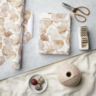 Beige White Leaves Wrapping Paper