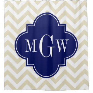Beige White LG Chevron Navy 3IH Monogram Shower Curtain
