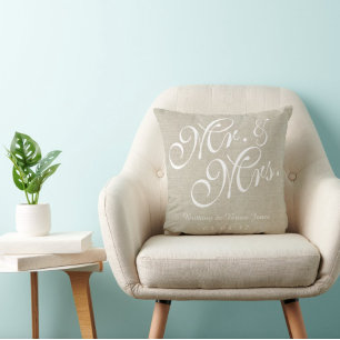 Beige White Linen Mr. and Mrs. Wedding Pillow