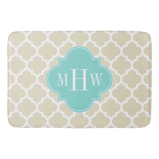 Beige, White Moroccan #5 Aqua 3 Initial Monogram Bath Mat (Front)