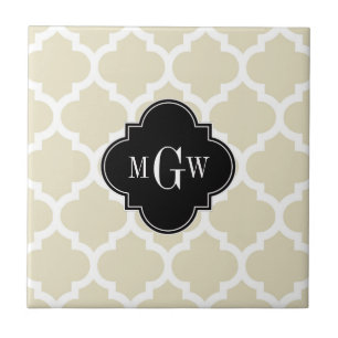 Beige, White Moroccan #5 Black 3 Initial Monogram Ceramic Tile