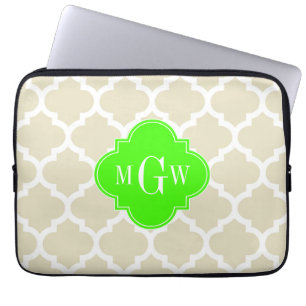 Beige, White Moroccan #5 Lime 3 Initial Monogram Laptop Sleeve