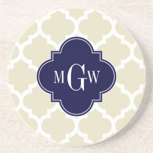 Beige, White Moroccan #5 Navy 3 Initial Monogram Coaster