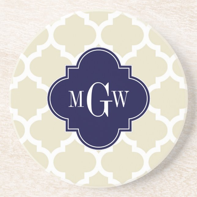 Beige, White Moroccan #5 Navy 3 Initial Monogram Coaster (Front)