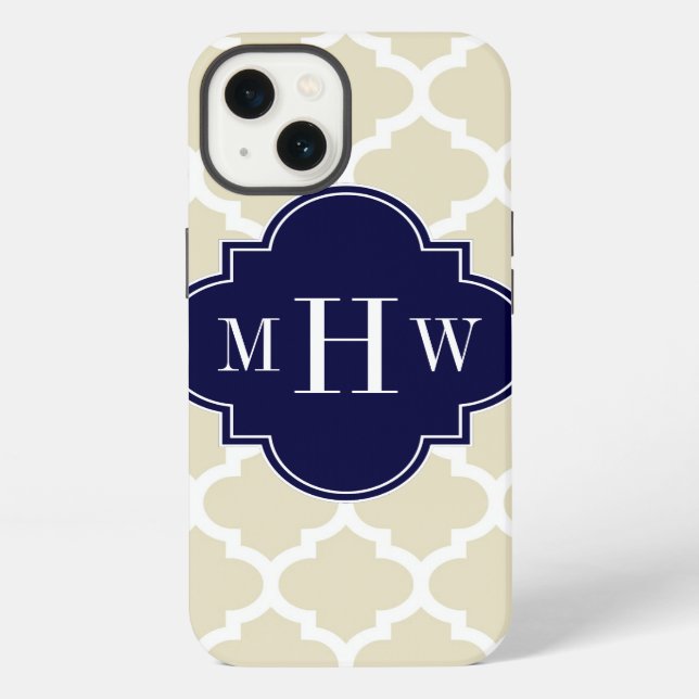 Beige, White Moroccan #5 Navy 3 Initial Monogram iPhone Case (Back)