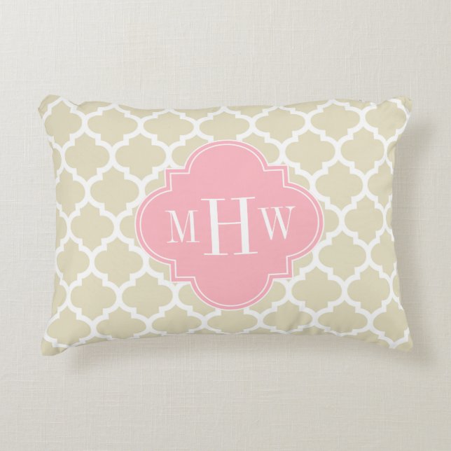 Beige, White Moroccan #5 Pink 3 Initial Monogram Decorative Cushion (Front)
