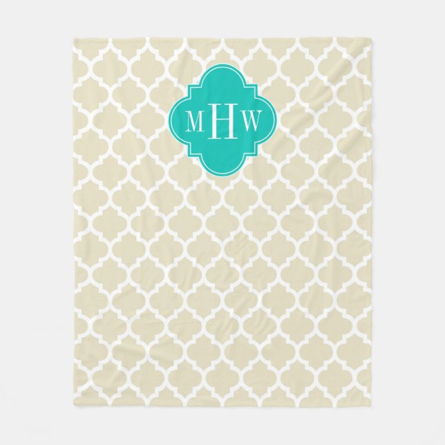Beige White Moroccan #5 Teal 3 Initial Monogram Fleece Blanket (Front)