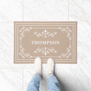 Beige White Ornate Decorative Swirls Custom Name Doormat
