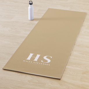 Beige & White Personal Monogram Minimalist Script Yoga Mat