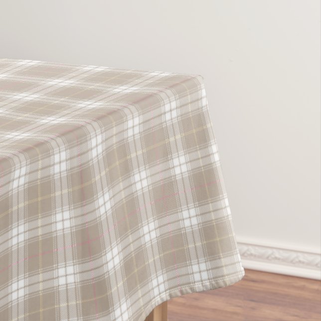 Beige White Pink Tartan Plaid Pattern Rustic  Tablecloth (In Situ)