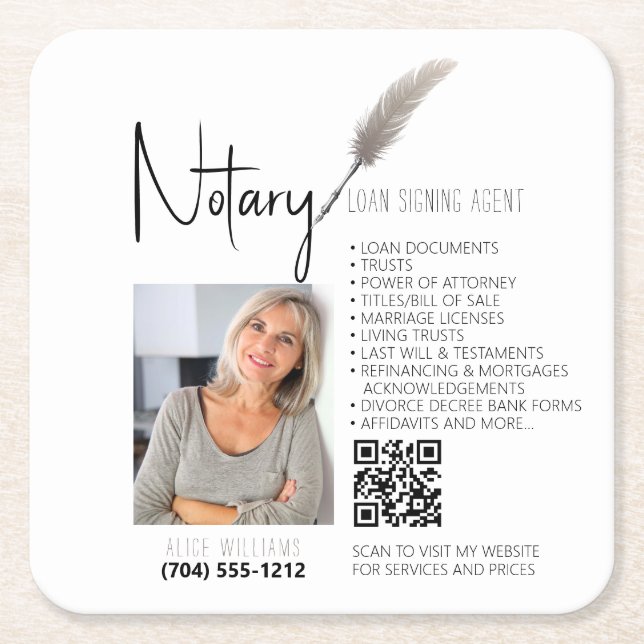 Beige & White QR Code Notary Promotional Square Paper Coaster (Front)