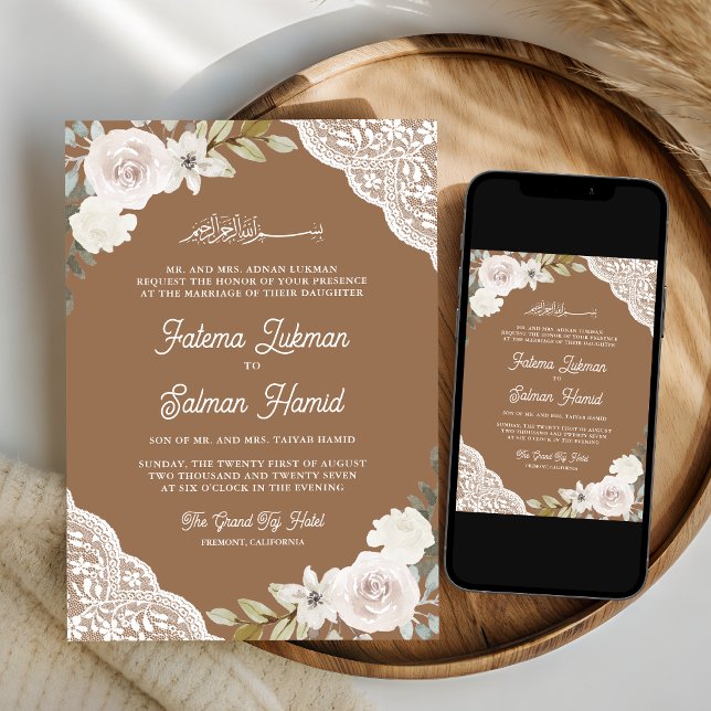 Beige White Roses Lace Islamic Muslim Wedding Invitation (Creator Uploaded)