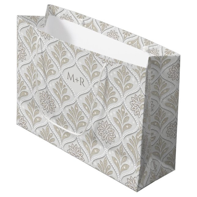 Beige & White Sparkling Quatrefoil Pattern Large Gift Bag (Front Angled)
