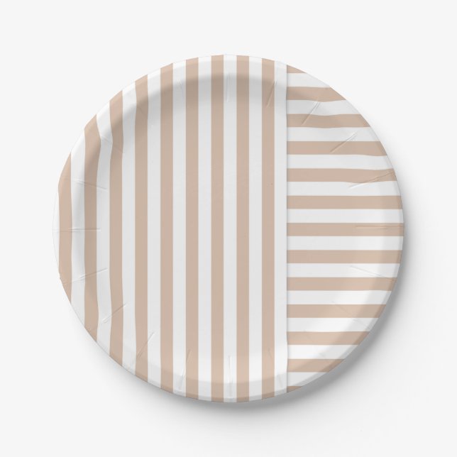 beige white stripe pattern paper plate (Front)