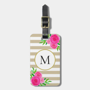 Beige White Stripe Pink Watercolor Floral Monogram Luggage Tag