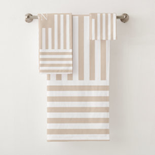 Beige White Striped Bathroom Wedding Couple Gift Bath Towel Set