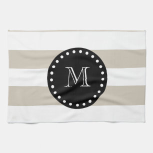 Beige White Stripes Pattern, Black Monogram Tea Towel