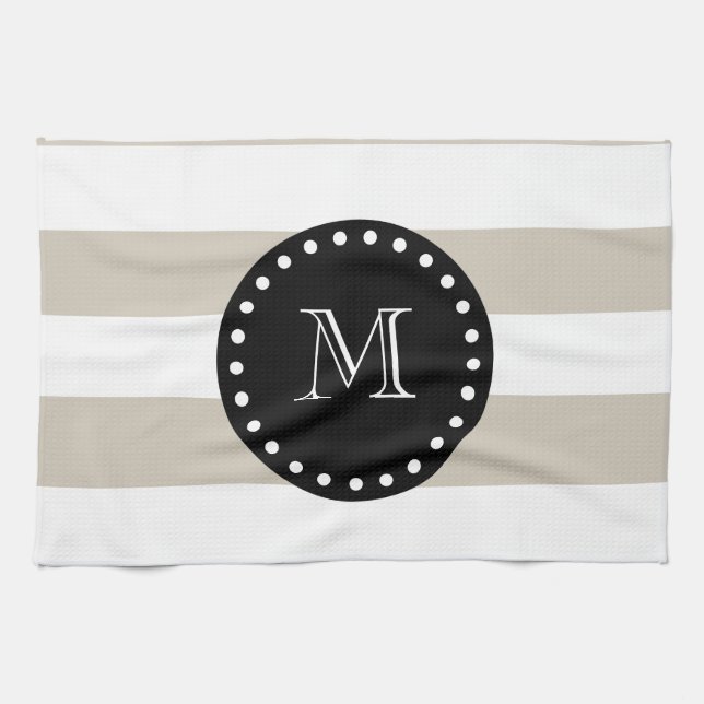 Beige White Stripes Pattern, Black Monogram Tea Towel (Horizontal)