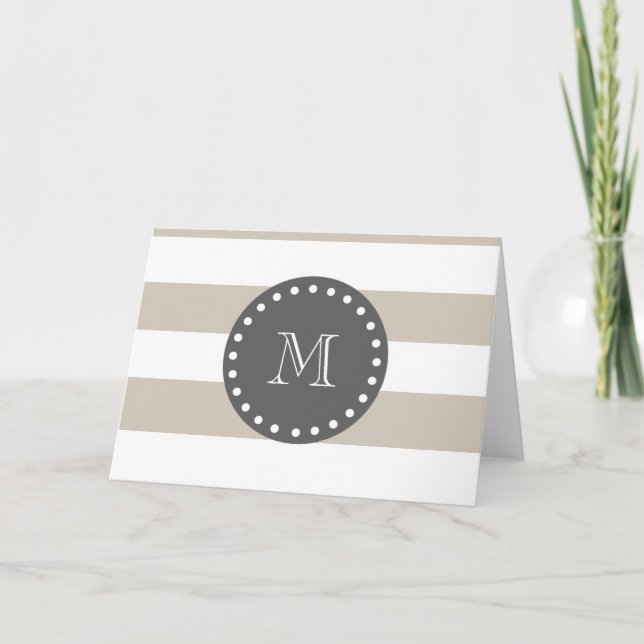 Beige White Stripes Pattern, Charcoal Monogram Note Card (Front)