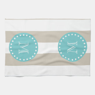 Beige White Stripes Pattern, Teal Monogram Tea Towel