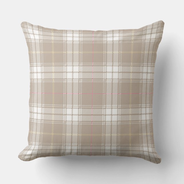 Beige White Tartan Plaid Pattern Rustic  Cushion (Front)