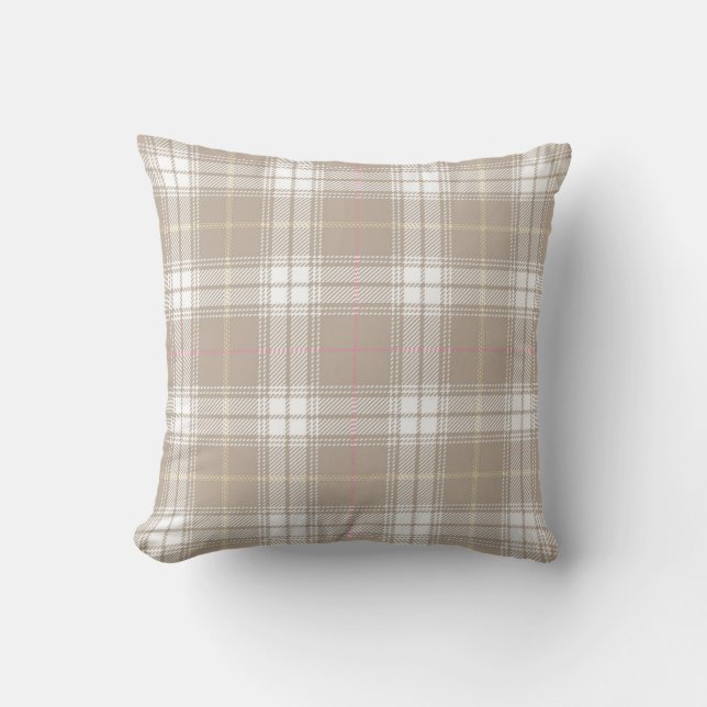 Beige White Tartan Plaid Pattern Rustic  Cushion (Front)