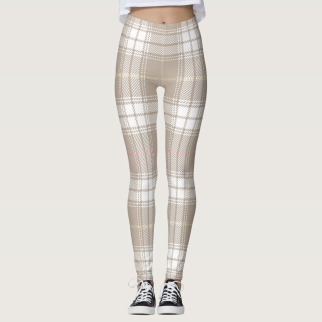 Beige White Tartan Plaid Pattern Rustic  Leggings (Front)
