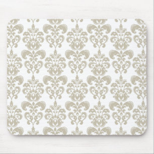 BEIGE WHITE VINTAGE DAMASK PATTERN 2 MOUSE PAD