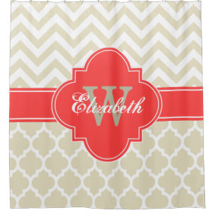 Beige Wht Coral Red Moroccan #5 Chevron 1IQRN Shower Curtain