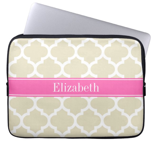 Beige Wht Moroccan #5 Hot Pink #2 Name Monogram Laptop Sleeve (Front)
