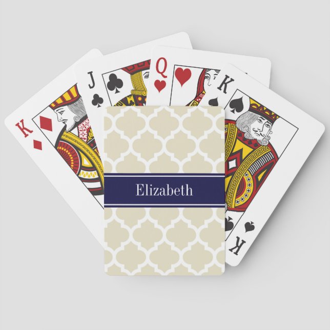 Beige Wht Moroccan #5 Navy Blue Name Monogram Playing Cards (Back)