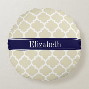 Beige Wht Moroccan #5 Navy Blue Name Monogram Round Cushion