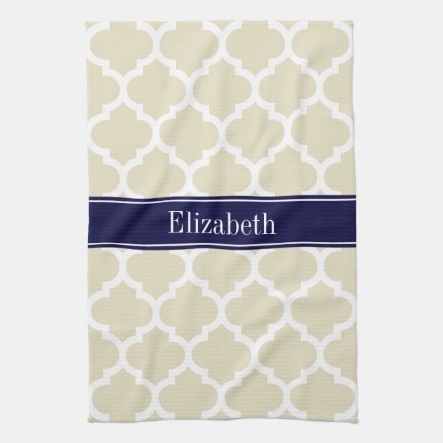 Beige Wht Moroccan #5 Navy Blue Name Monogram Tea Towel (Vertical)