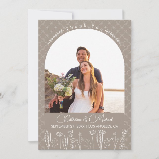Beige Wildflower Bohemian Arch Wedding Thank You Card (Front)