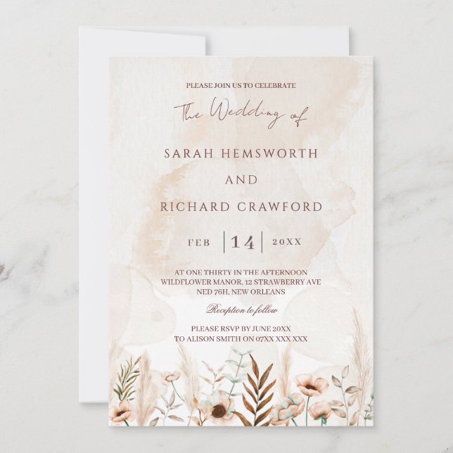Beige Wildflower Floral Garden Boho Wedding Invitation (Front)
