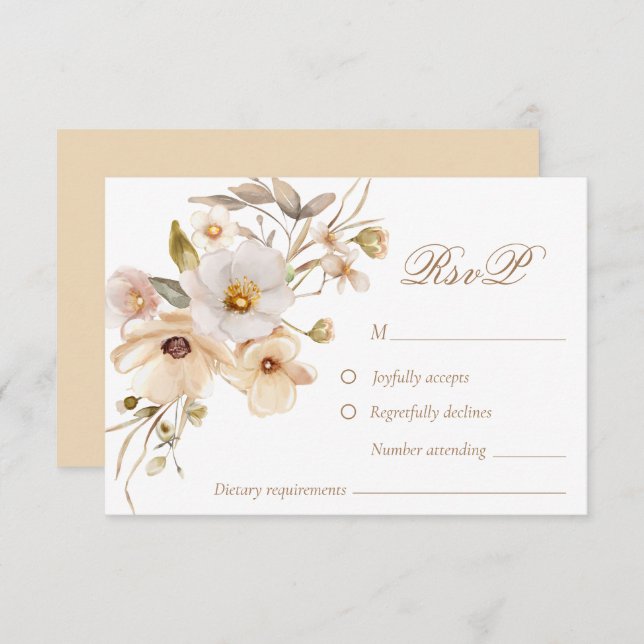 Beige Wildflowers Neutral Boho Wedding RSVP Card (Front/Back)