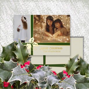 Beige With Green Ribbon Foil Holiday Card