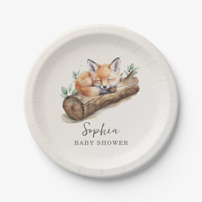 Beige Woodland Fox Baby Shower Paper Plate (Front)