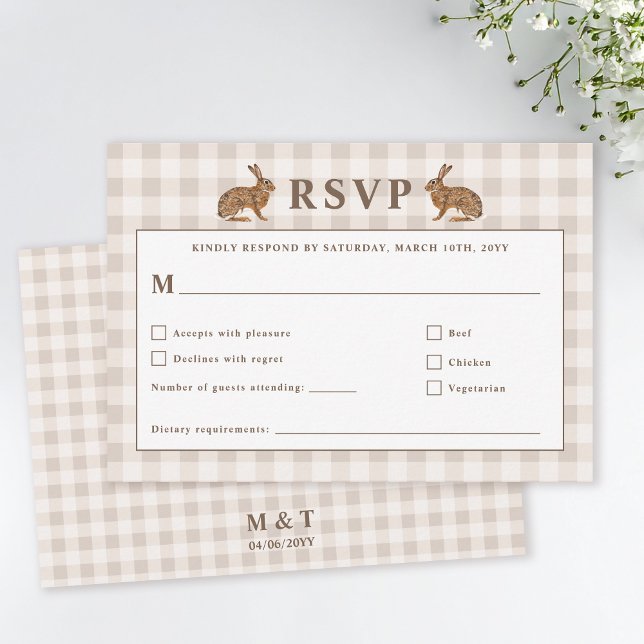Beige Woodland Hare Bunnies Wedding RSVP Card (Creator Uploaded)