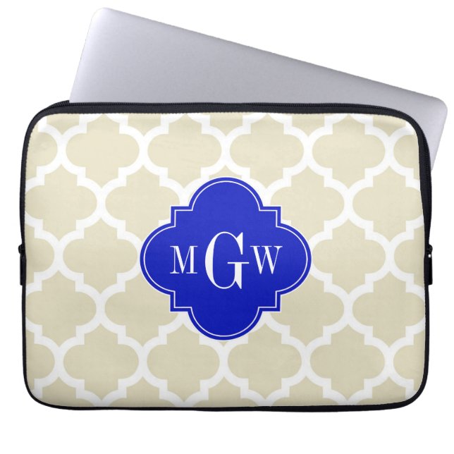 Beige Wt Moroccan #5 Royal Blue 3 Initial Monogram Laptop Sleeve (Front)