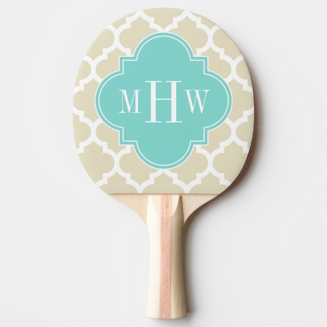Beige, Wt Moroccan #5 Turquoise 3 Initial Monogram Ping Pong Paddle (Front)