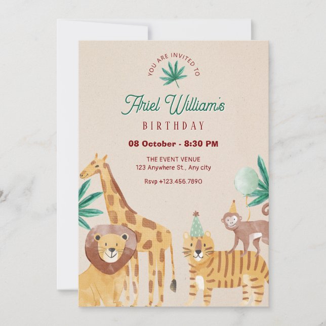 Beige zoo birthday invitation (Front)