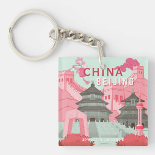 Beijing China Travel Poster   Mint Green, Pink Art Key Ring