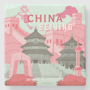 Beijing China Travel Poster   Mint Green, Pink Art Stone Coaster