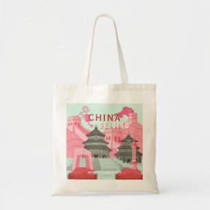 Beijing China Travel Poster Mint Green, Pink Art Tote Bag