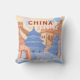 Beijing China Travel Poster   Pastel Blue & Peach Cushion
