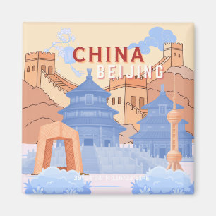 Beijing China Travel Poster Pastel Blue & Peach Magnet