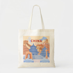 Beijing China Travel Poster Pastel Blue & Peach Tote Bag
