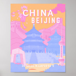 Beijing China Travel Poster Pink & Blue Pastel